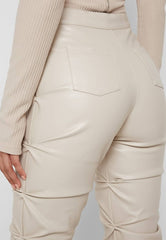 Creme Ruched Faux Leather Pants By Claude   