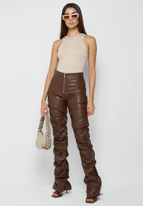 Brown Ruched Faux Leather Pants By Claude BROWN S 