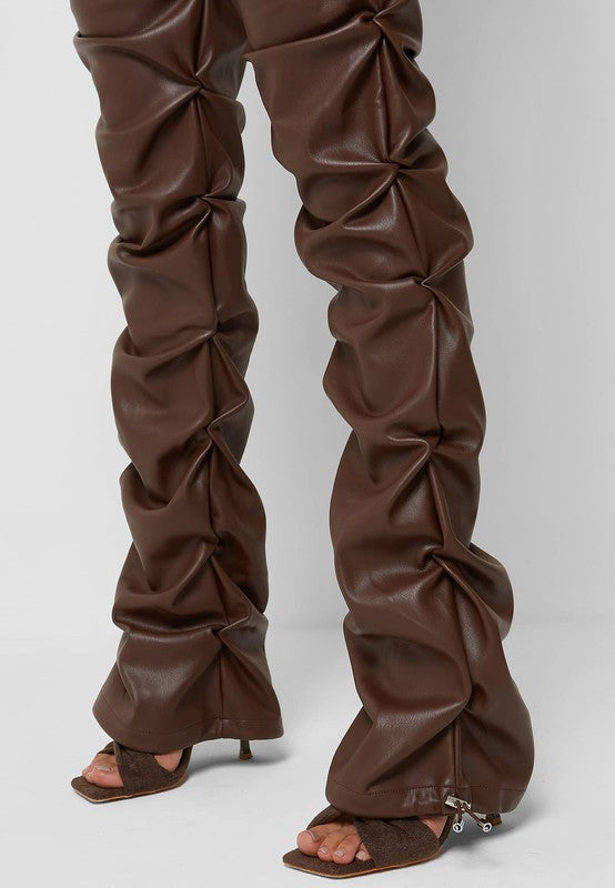 Brown Ruched Faux Leather Pants By Claude   