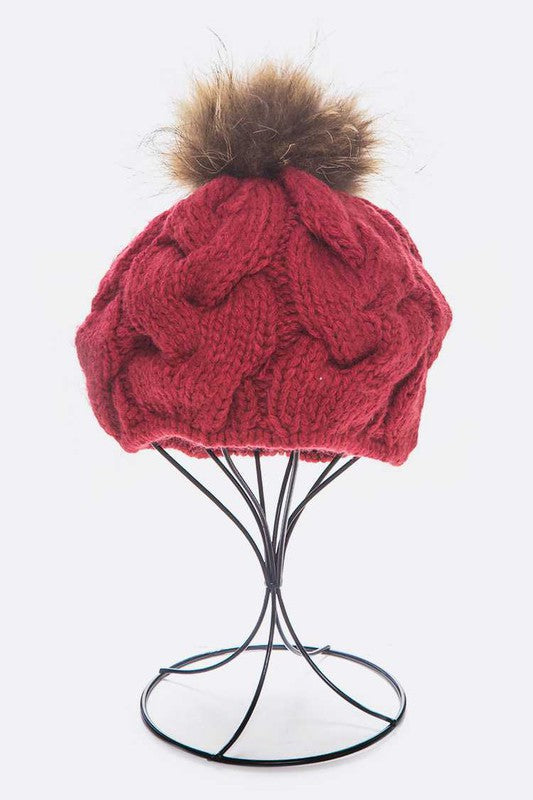 Cotton Cable Knit Large Fur Pom Beanie Artini Accessories Coral O/S 