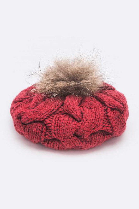 Cotton Cable Knit Large Fur Pom Beanie Artini Accessories   