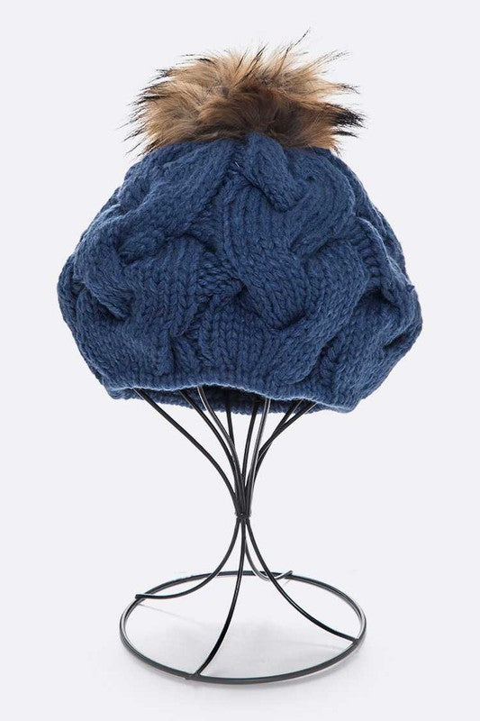 Cotton Cable Knit Large Fur Pom Beanie Artini Accessories Denim O/S 