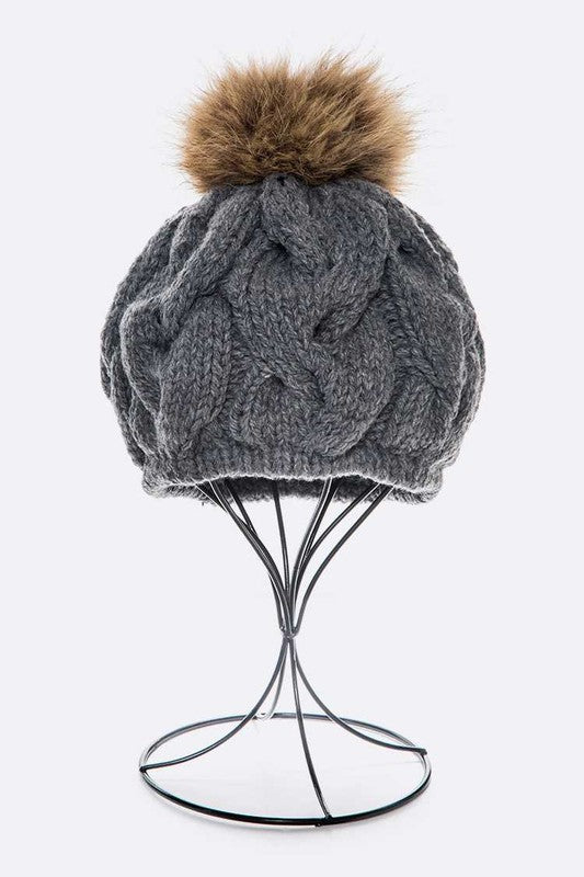 Cotton Cable Knit Large Fur Pom Beanie Artini Accessories CHARCOAL O/S 