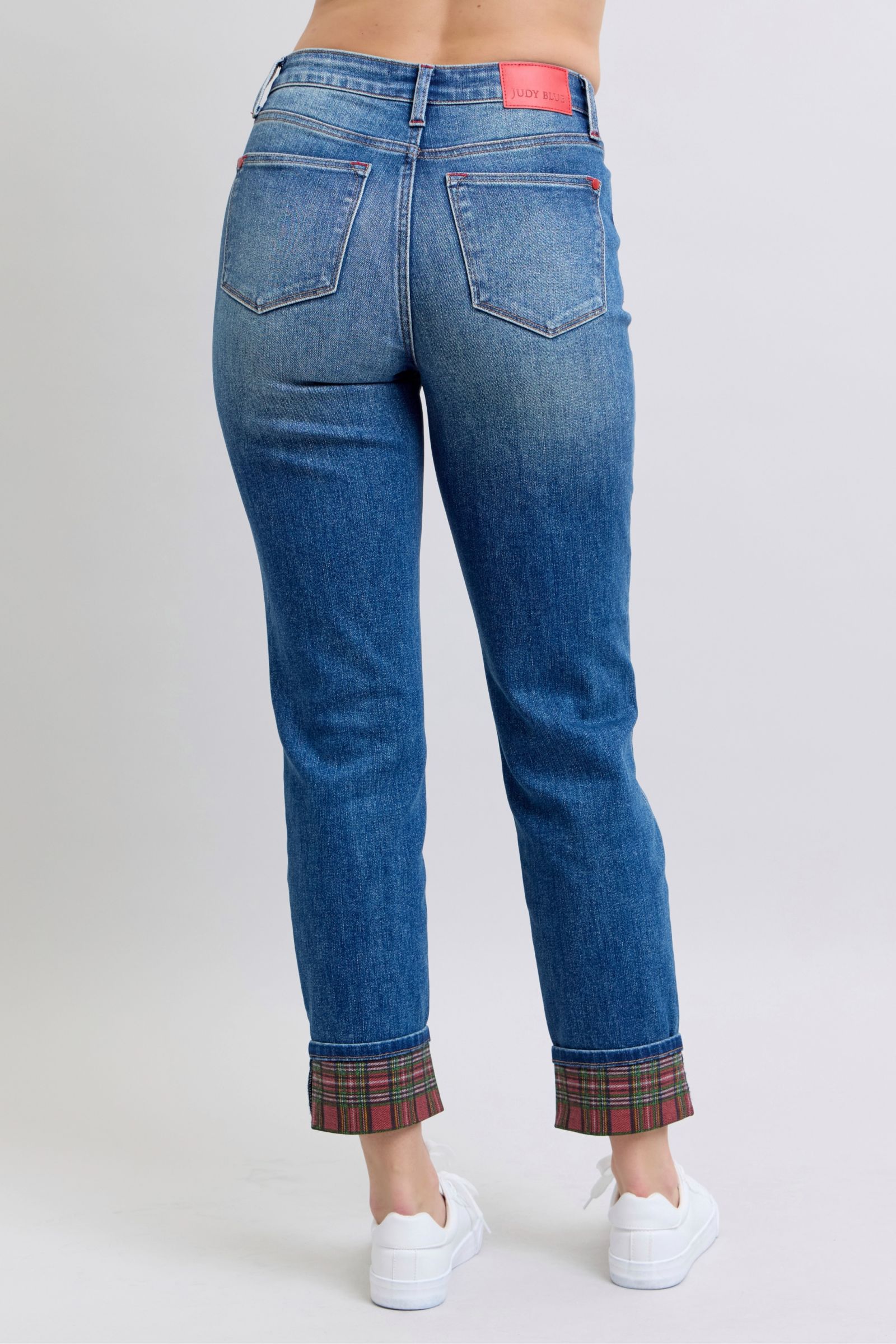 Plaid Print Cuff Straight Leg Jeans with Pockets Judy Blue