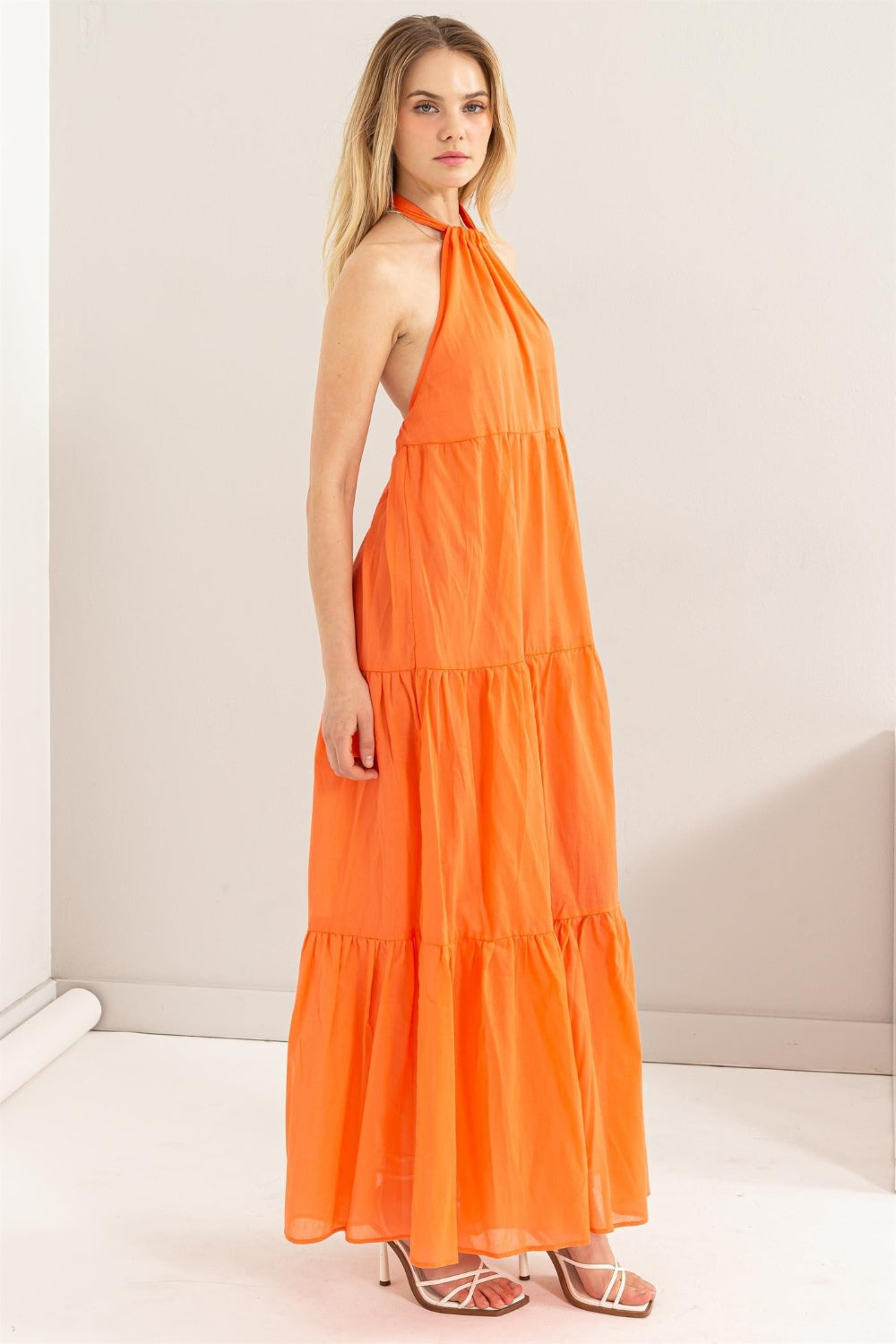 Flowy Halter Neck Cover Up Tiered Maxi Dress HYFVE   