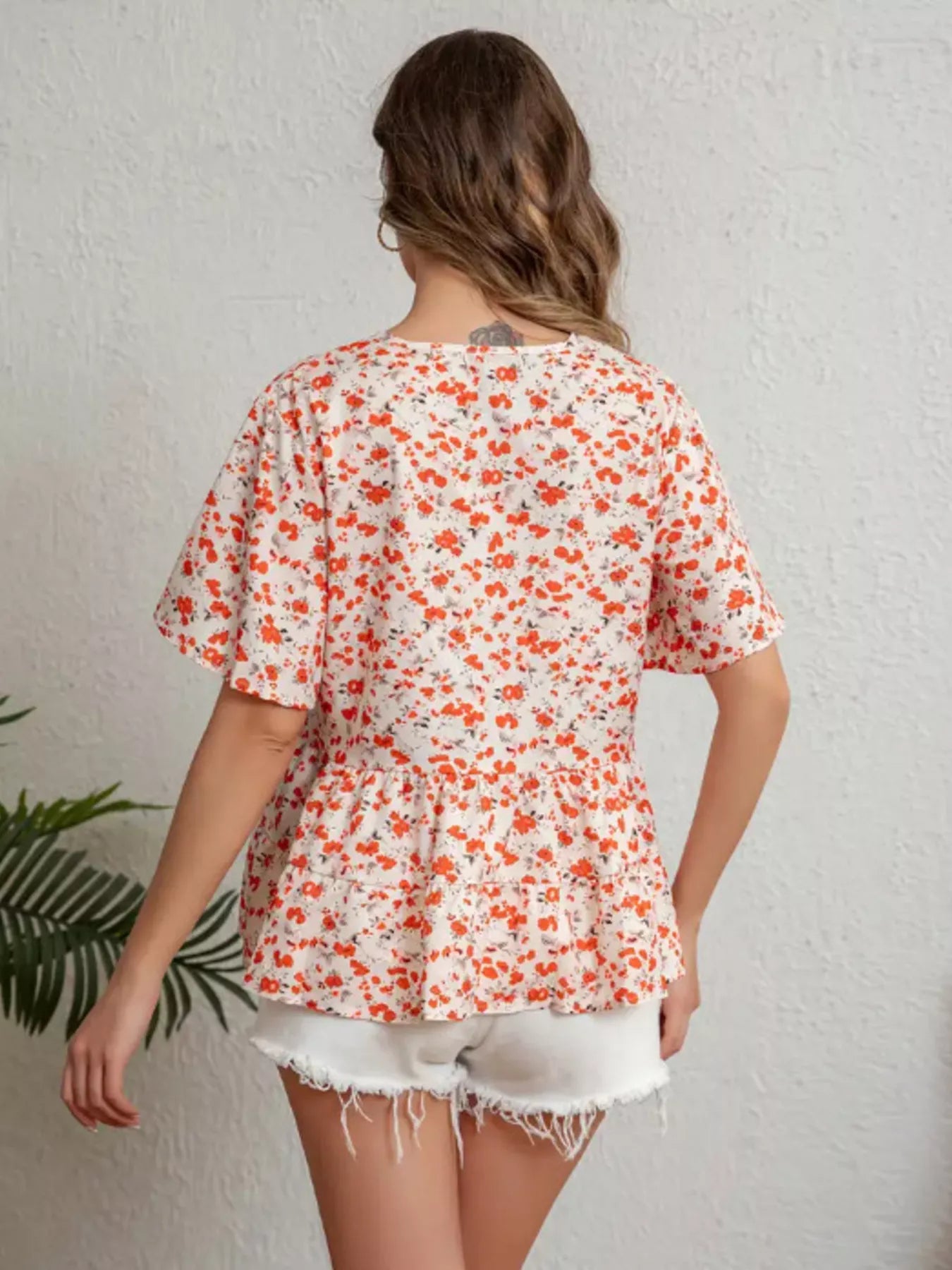 Floral Print V-Neck Ruffle Sleeve Peplum Blouse Simmer & Fay