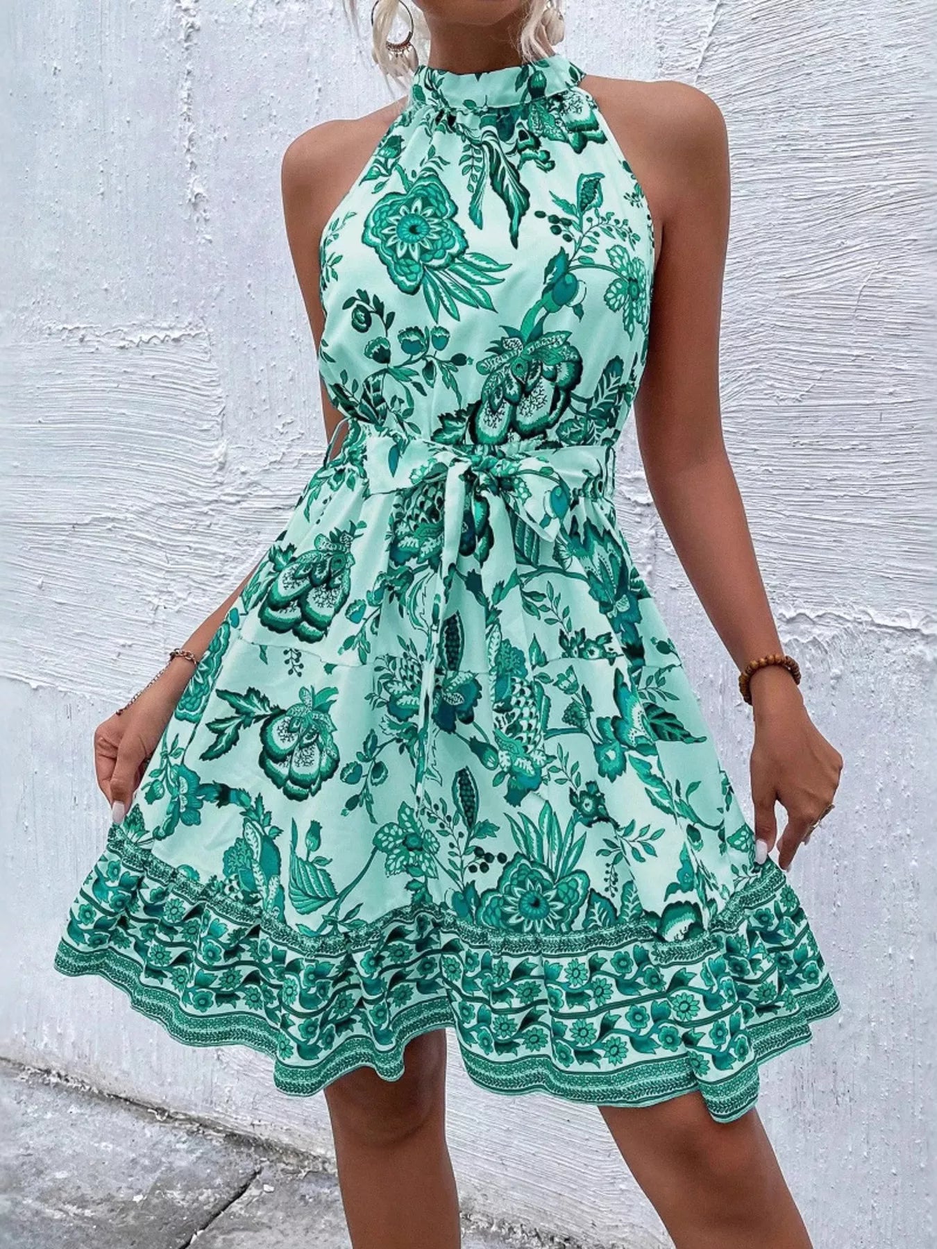Printed Sleeveless Tie Waist Dress Simmer & Fay Teal S