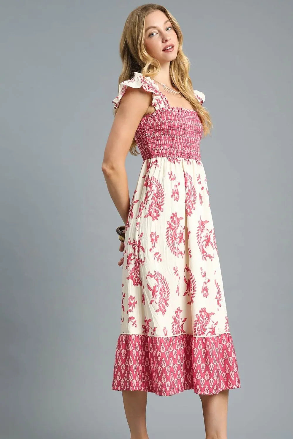 Floral Printed Smocked Midi Dress with Ruffle Details Umgee