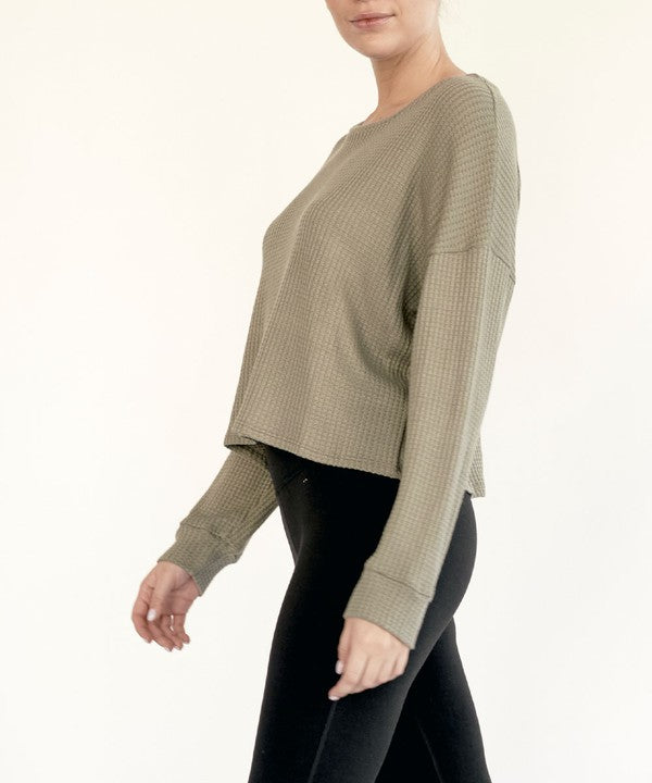 Bamboo Waffle Knit Loose Crop Top Fabina OLIVE S 