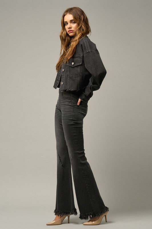 Elastic Banded Long Frayed Flare Jeans Denim Lab USA   