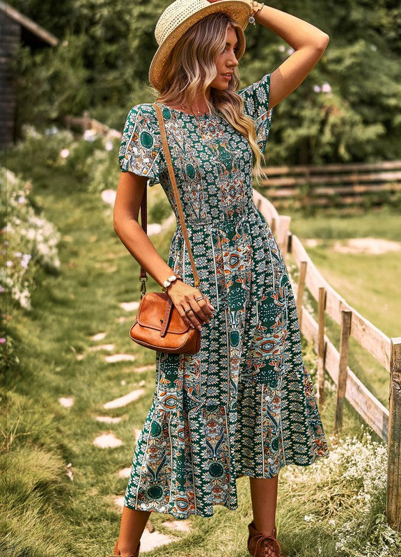 Floral Print Boho Cinched Midi Dress Miss Sparkling   