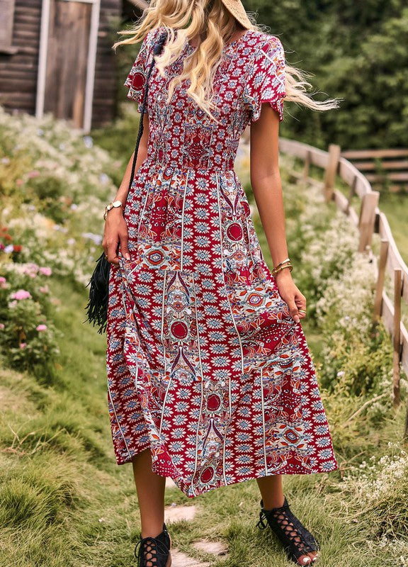 Floral Print Boho Cinched Midi Dress Miss Sparkling   