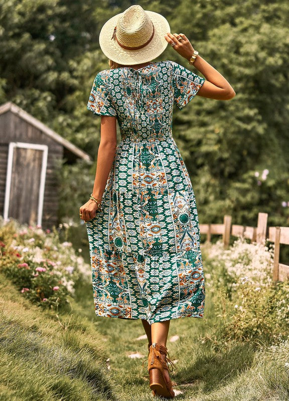 Floral Print Boho Cinched Midi Dress Miss Sparkling   