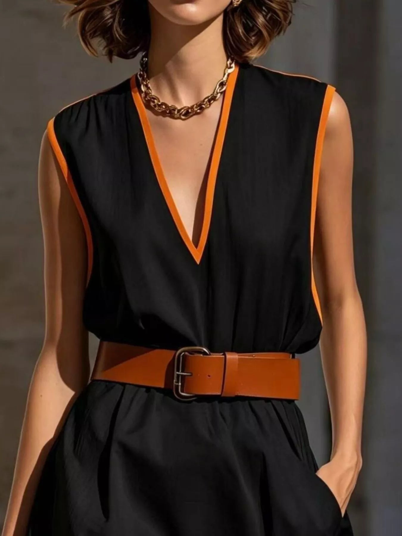 Contrast Trim V-Neck Sleeveless Dress Simmer & Fay