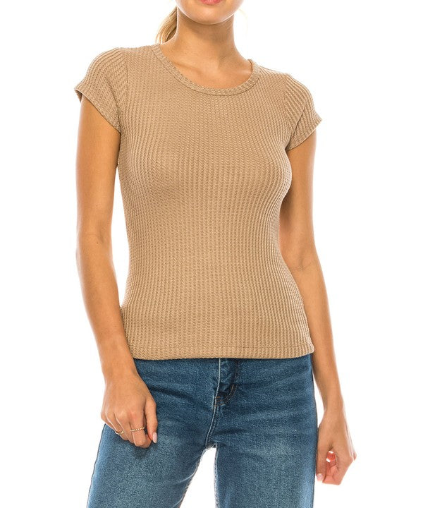 Bamboo Waffle Knit Ribbed Classic Top Fabina MOCHA S 