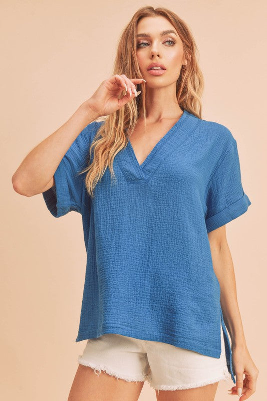 Trudie V-neck Short Sleeve Top Aemi + Co COBALT S 