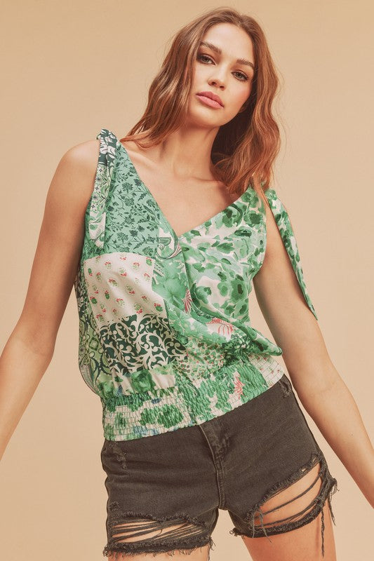 Toya Floral V-neck Tie Ruched Tank Aemi + Co Green S 