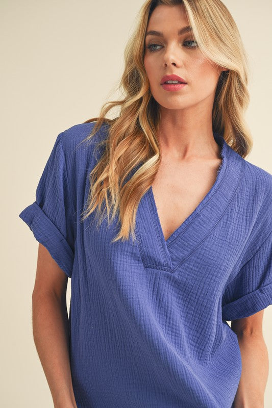 Trudie V-neck Short Sleeve Top Aemi + Co BLUE BILLOW S 