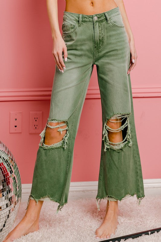 Distressed Vintage Washed Wide Leg Pants BiBi ASH GREEN S 