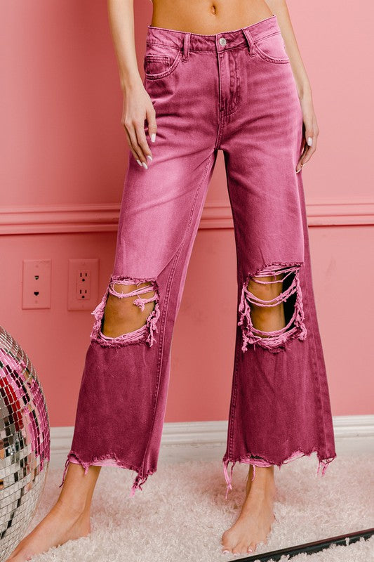 Distressed Vintage Washed Wide Leg Pants BiBi   