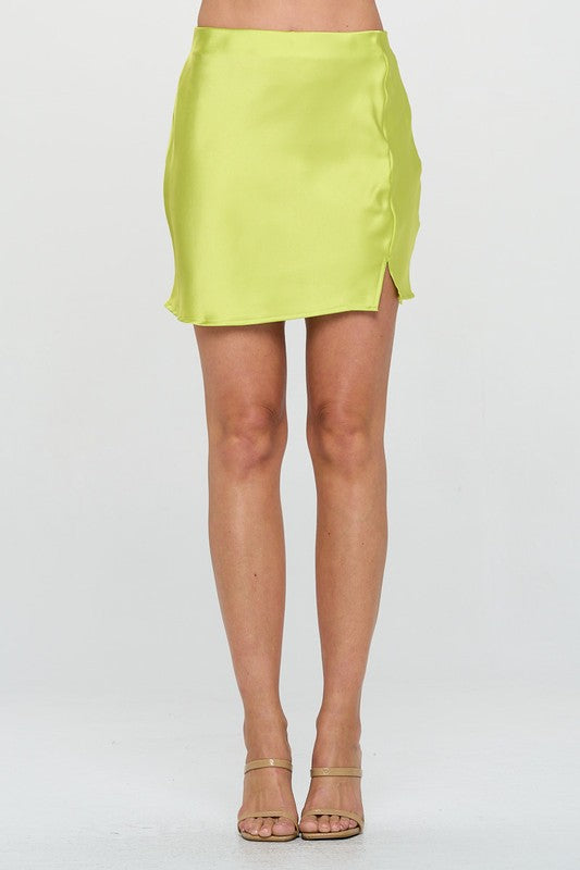 Citron Yellow Satin Mini Skirt with Slit Renee C. Citron S 