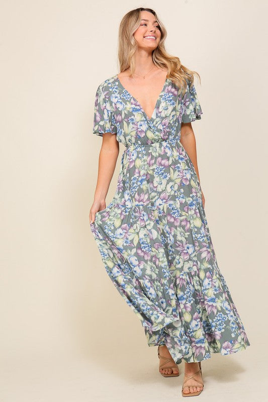 Arya Flora Maxi Smocked Waist V-neck Dress TIMING   