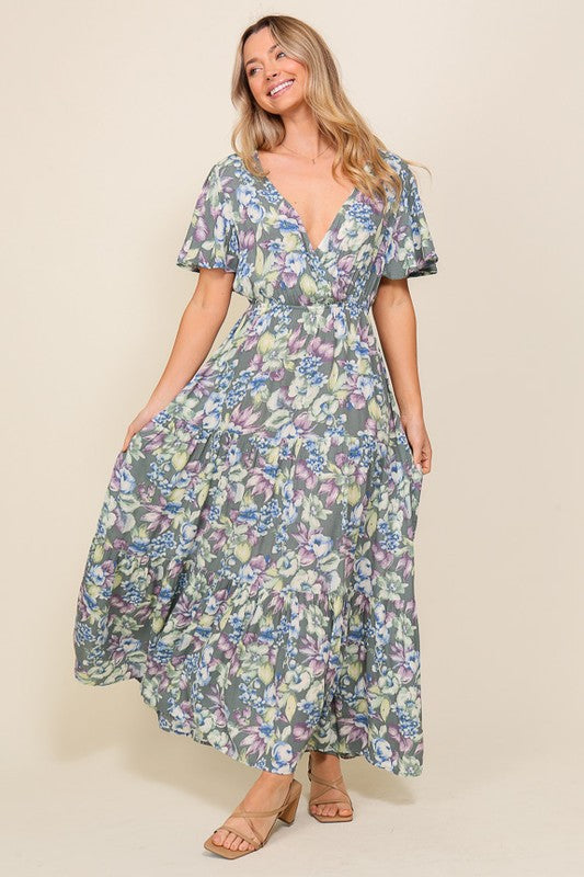 Arya Flora Maxi Smocked Waist V-neck Dress TIMING   