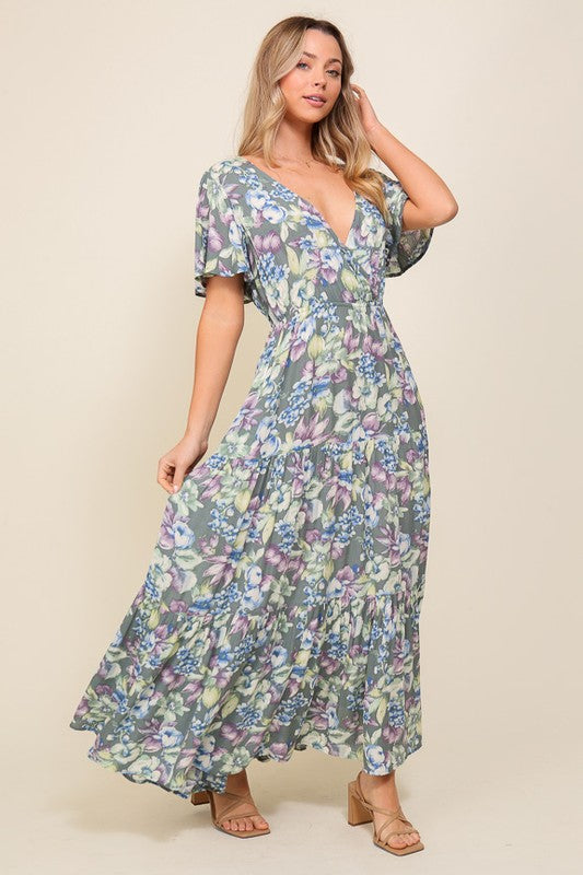 Arya Flora Maxi Smocked Waist V-neck Dress TIMING   