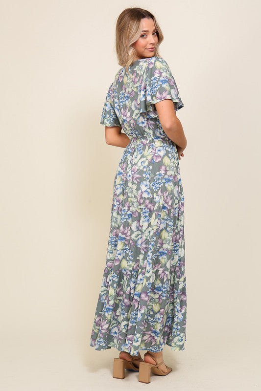 Arya Flora Maxi Smocked Waist V-neck Dress TIMING   