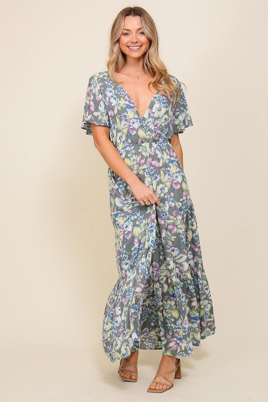 Arya Flora Maxi Smocked Waist V-neck Dress TIMING   