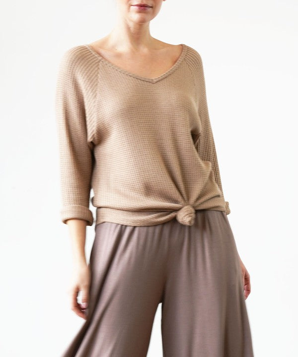 Bamboo Waffle Knit Loose Fit V-neck Top Fabina   