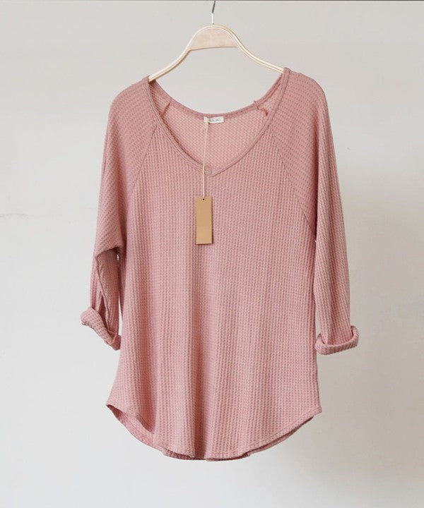 Bamboo Waffle Knit Loose Fit V-neck Top Fabina   