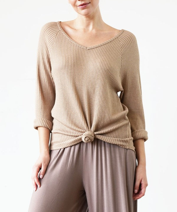 Bamboo Waffle Knit Loose Fit V-neck Top Fabina MOCHA S 