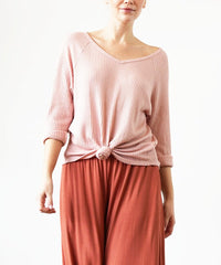 Bamboo Waffle Knit Loose Fit V-neck Top Fabina MAUVE S 