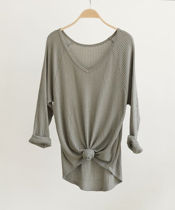 Bamboo Waffle Knit Loose Fit V-neck Top Fabina   