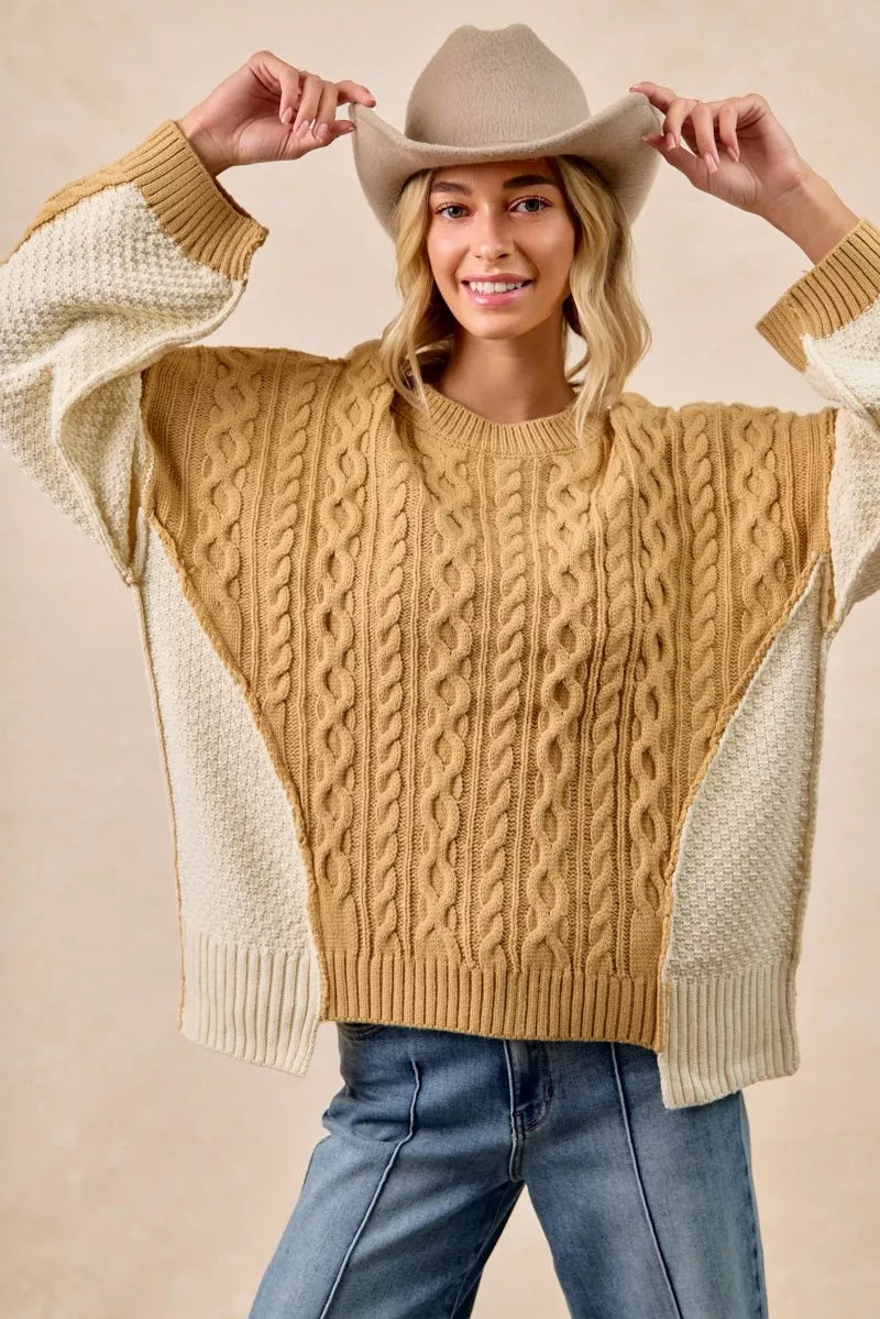 Cable Knit With Hacci Combo Sweater With Uneven Hem Detail BiBi