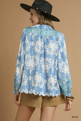 Ruffled Paisley Printed Long Sleeve Blouse Umgee