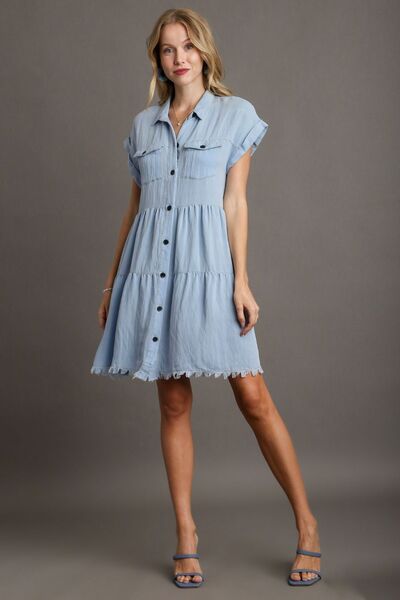 Frayed Hemline Button Down Shirt Dress Umgee Light Blue S