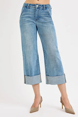 Tummy Control High Rise Ankle Wide Cuffed Jeans With Plus Size Risen MEDIUM 0