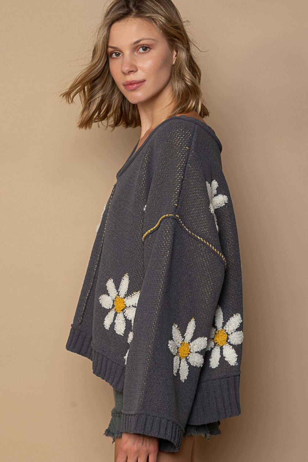 V-Neck Floral Pattern Chenille Sweater POL   