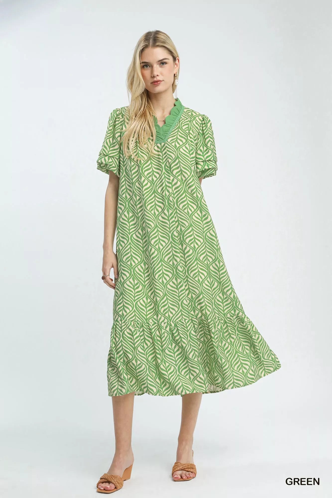 Leaf Print Ruffle Neck Midi Dress Umgee