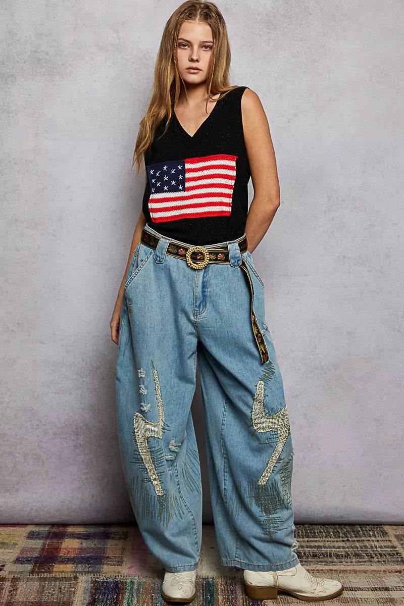 V-Neck Ribbed Tank with American Flag Patch and Star Back Patch POL