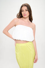 White Plisse Blouson Tube Crop Top Renee C.   