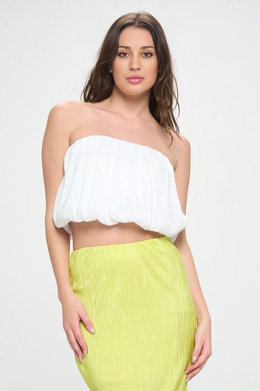 White Plisse Blouson Tube Crop Top Renee C.   