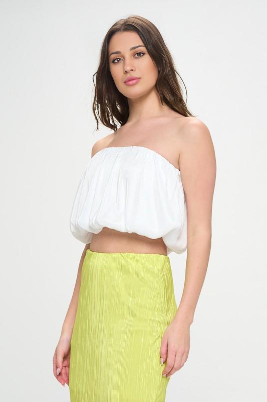 White Plisse Blouson Tube Crop Top Renee C.   