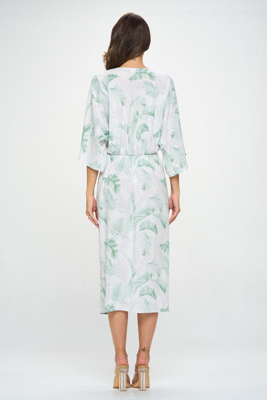 Tropical Leaf Print Kimono Dress with Front Twist Renee C.   