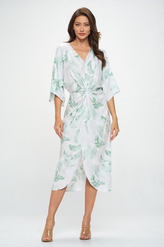 Tropical Leaf Print Kimono Dress with Front Twist Renee C.   