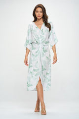 Tropical Leaf Print Kimono Dress with Front Twist Renee C.   