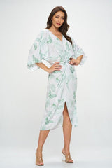 Tropical Leaf Print Kimono Dress with Front Twist Renee C.   