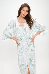 Tropical Leaf Print Kimono Dress with Front Twist Renee C.   